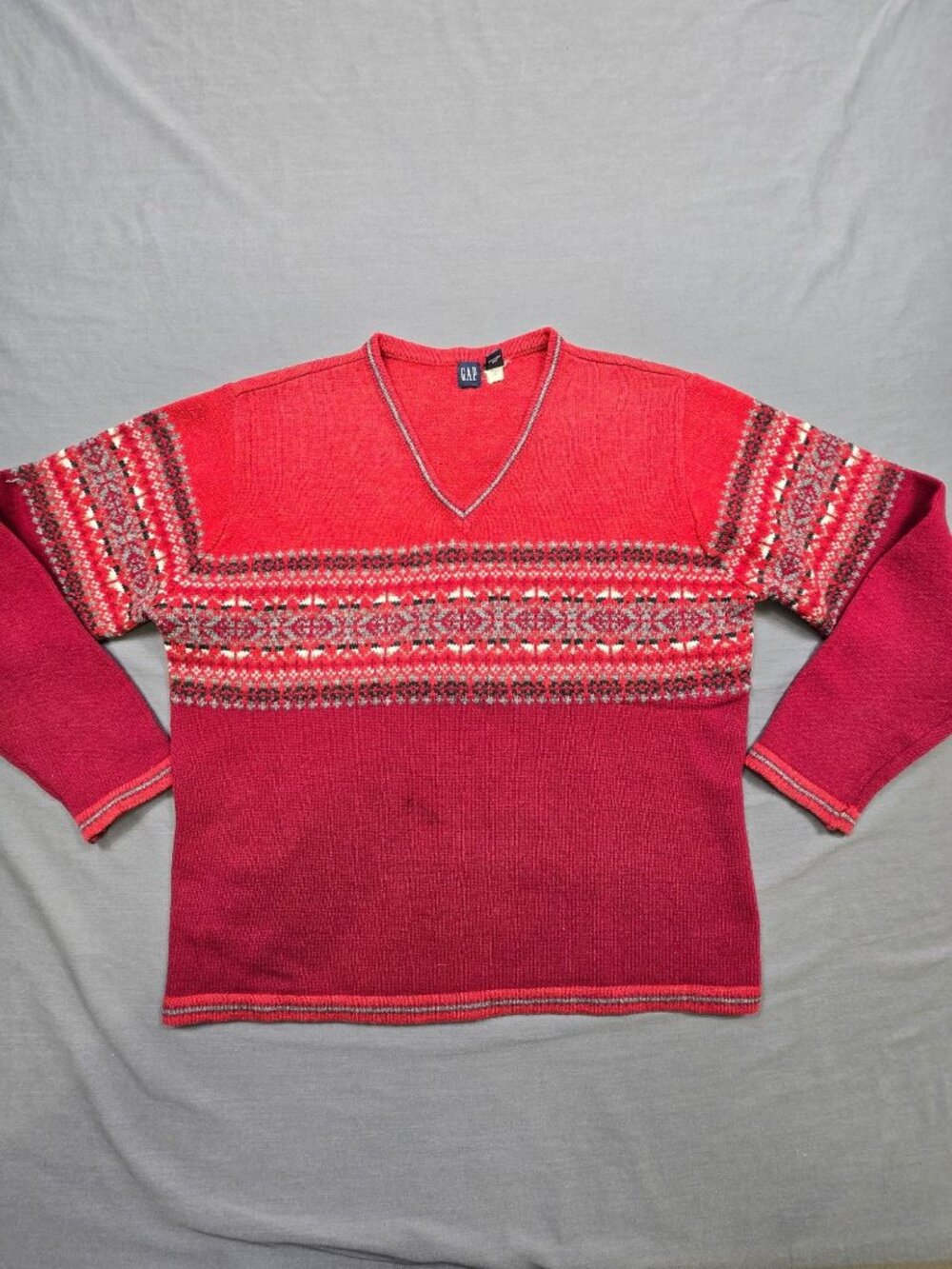 Gap Large Womens Lambs Wool V Neck Pullover Sweater Red Fair Isle
